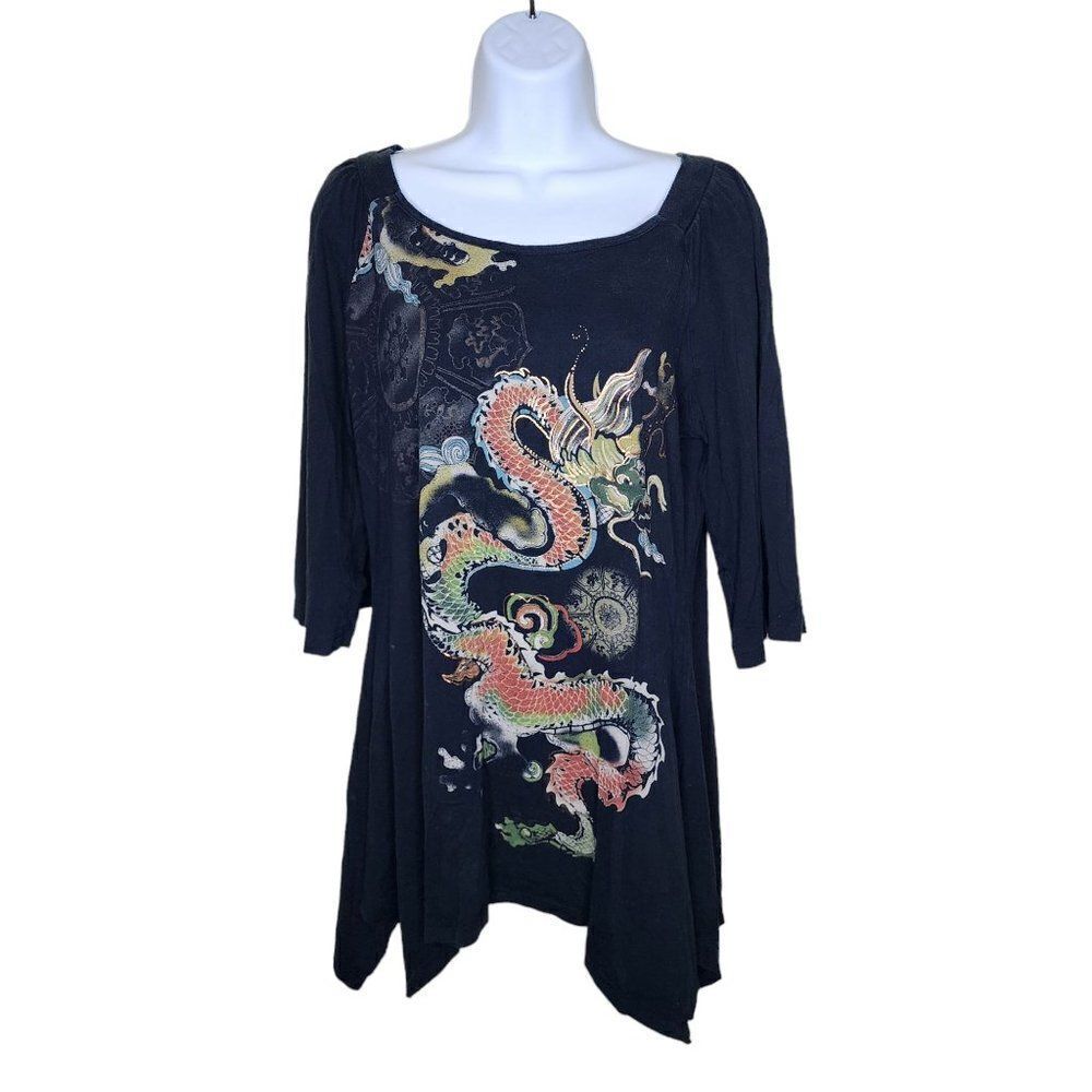 Vintage Y2K Tunic Top Shirt Womens Size L Black Sharkbite Hem